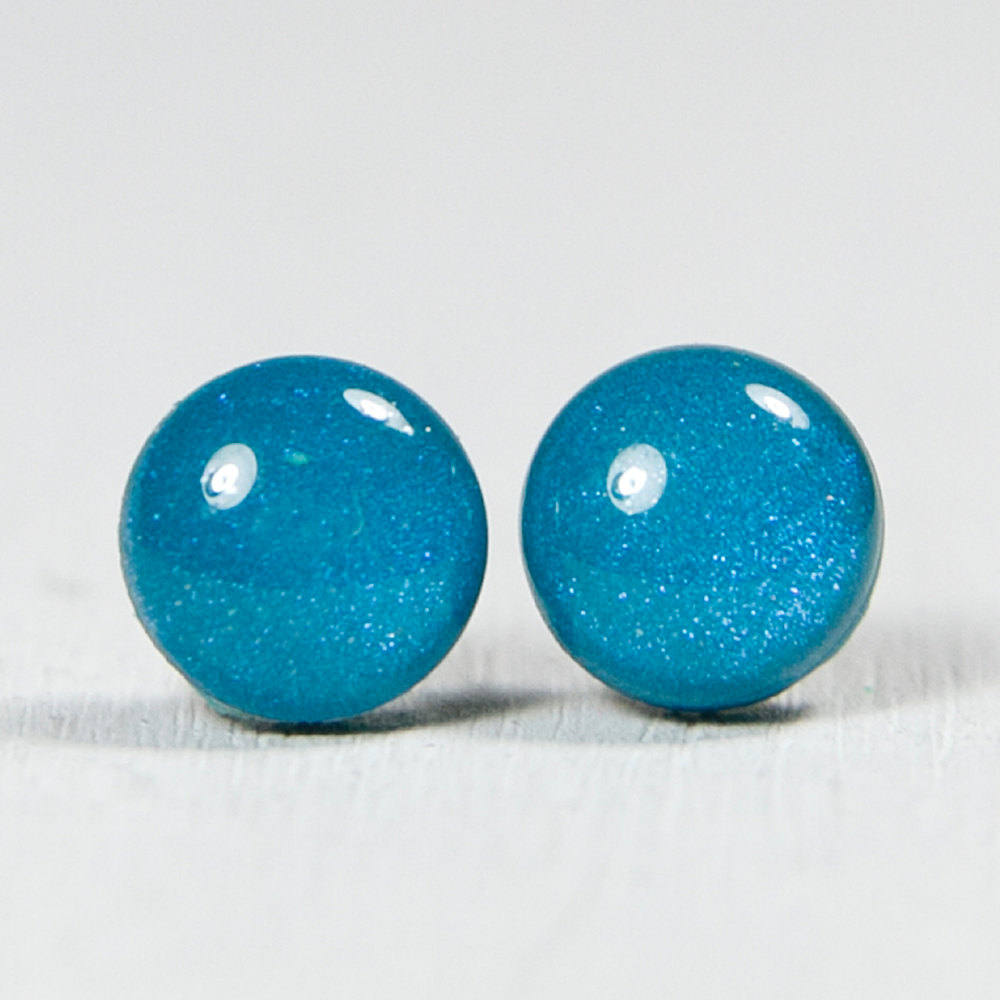 Peacock Pearl Blue Studs Earrings - Small Post Stud Earrings - Polymer Clay and Resin Jewelry