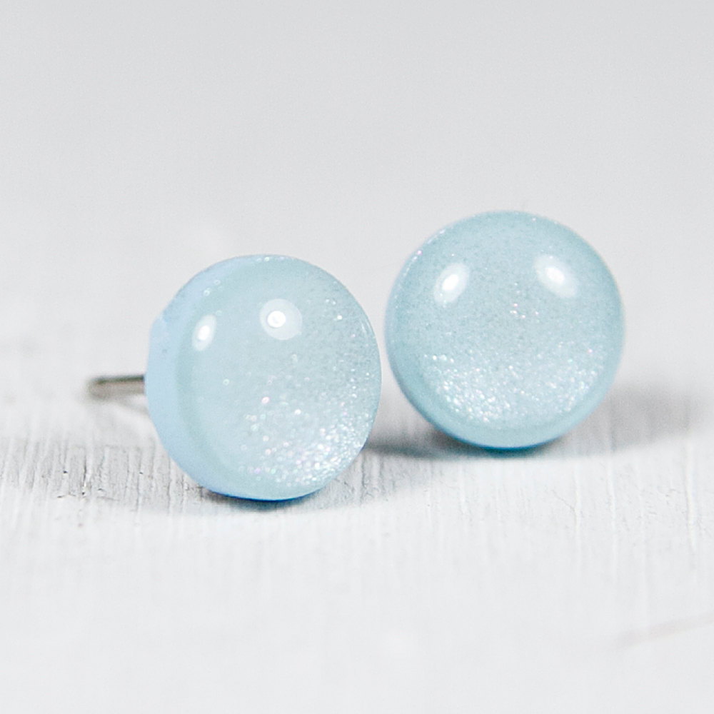 Sky Blue Shimmer Studs Earrings -Light Blue Small Post Earrings - Polymer Clay and Resin Jewelry