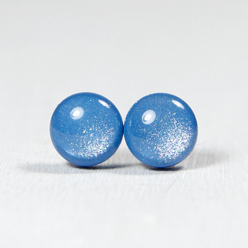 French Blue Shimmer Stud Earrings -Light Blue Small Post Stud Earrings - Polymer Clay and Resin Jewelry