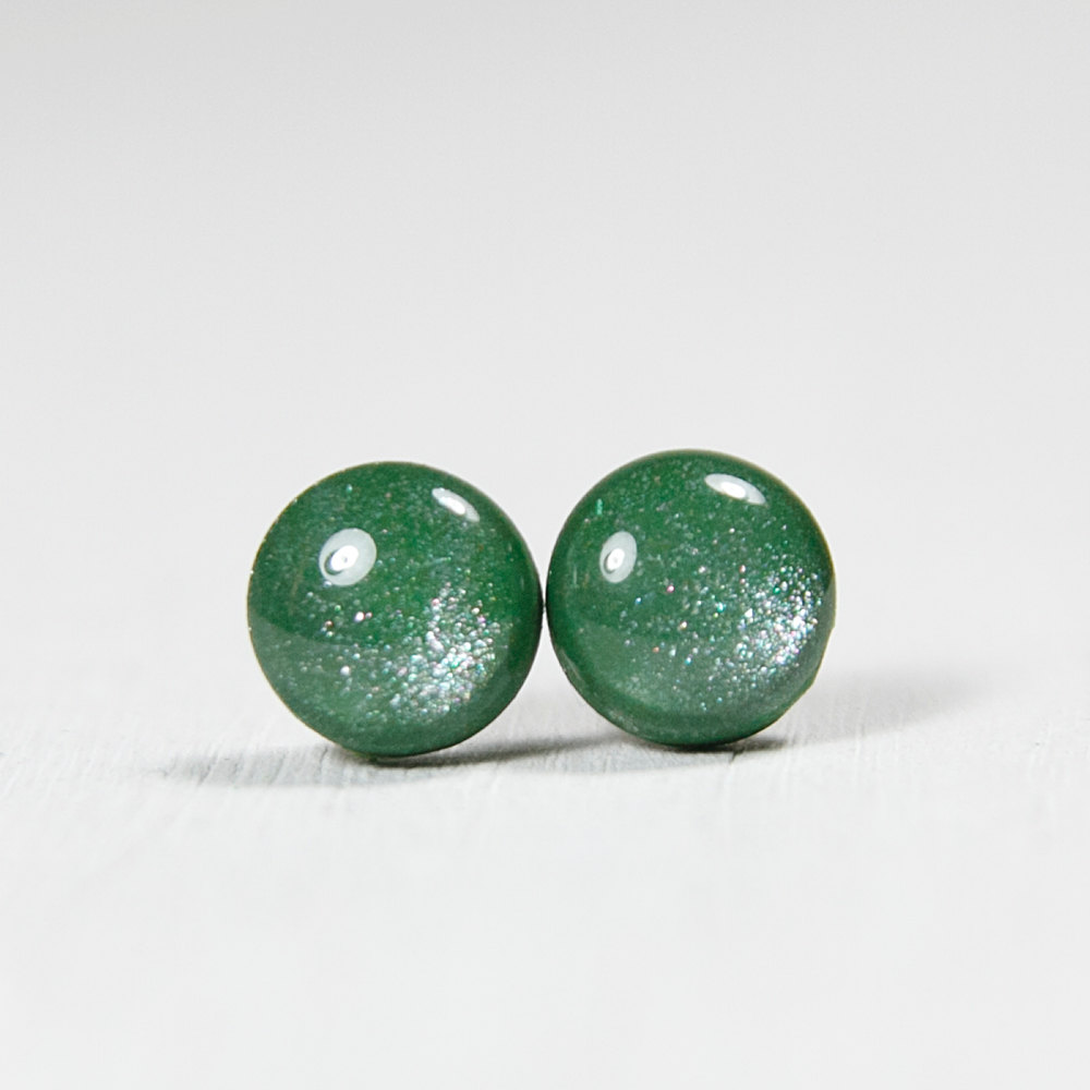 Leaf Green Shimmer Studs - Polymer Clay Resin Stud Earrings - Posts Studs Jewelry Jewellery